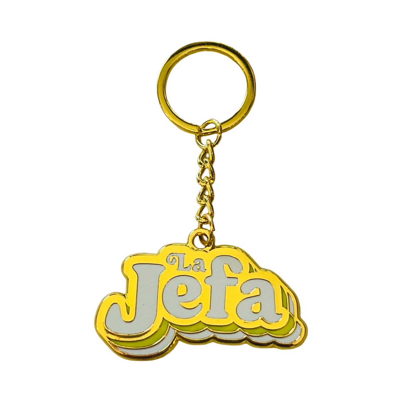 gold enamel keychain that features the phrase La Jefa in white, yellow and light green enamel.