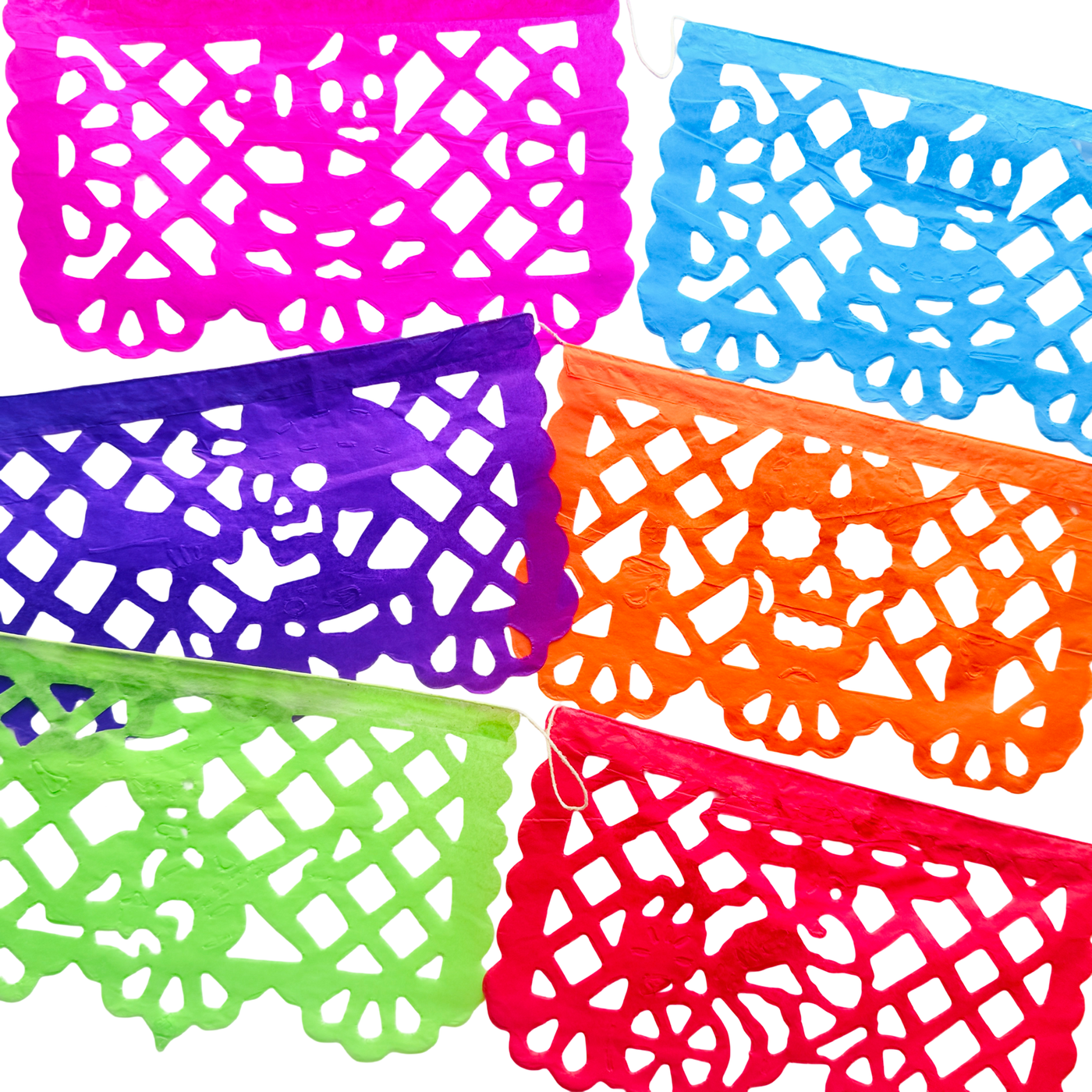 A papel picado banner of various colors and various skeleton designs. Papel picado , or perforated paper, is a traditional Mexican decorative craft made by cutting elaborate designs into sheets of tissue paper.