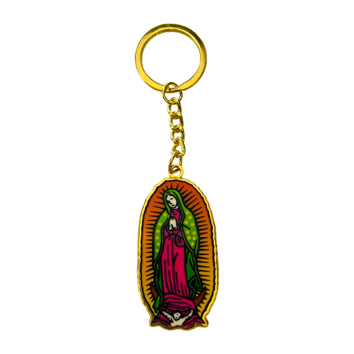 gold enamel keychain with an image of the Virgin Mary in colored enamel.