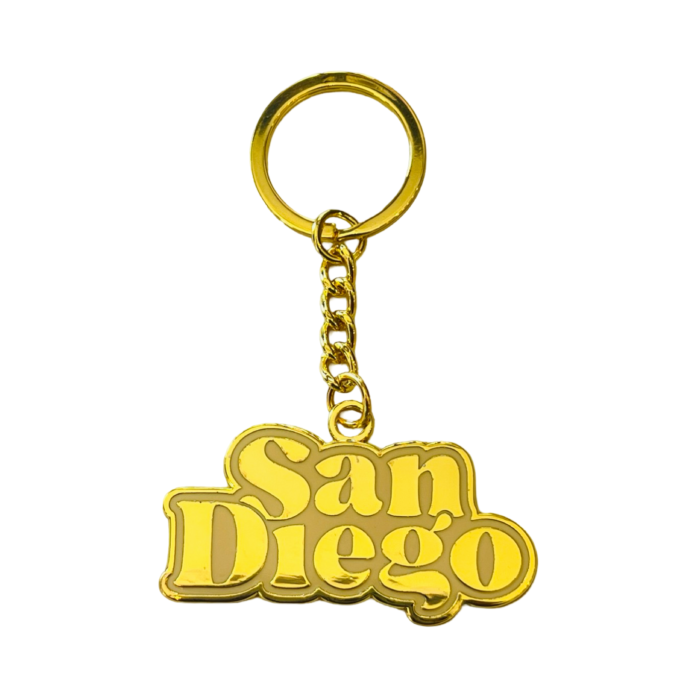 gold enamel keychain featuring the city name San Diego.