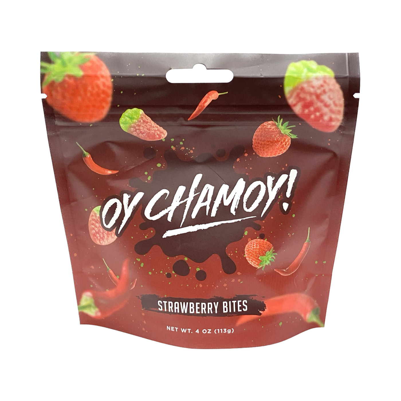 4 oz branded brown/red pouch of strawberry bites featuring images of chili peppers and strawberries