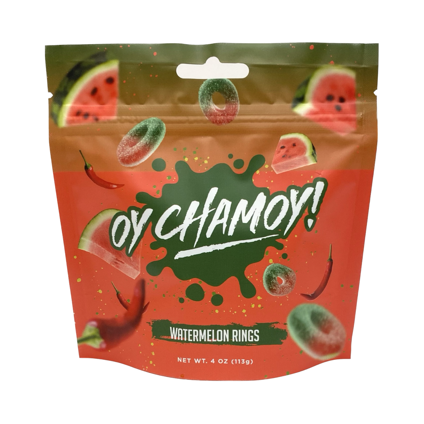 4 oz branded red/green pouch of watermelon rings featuring images of chili peppers and watermelon slices.