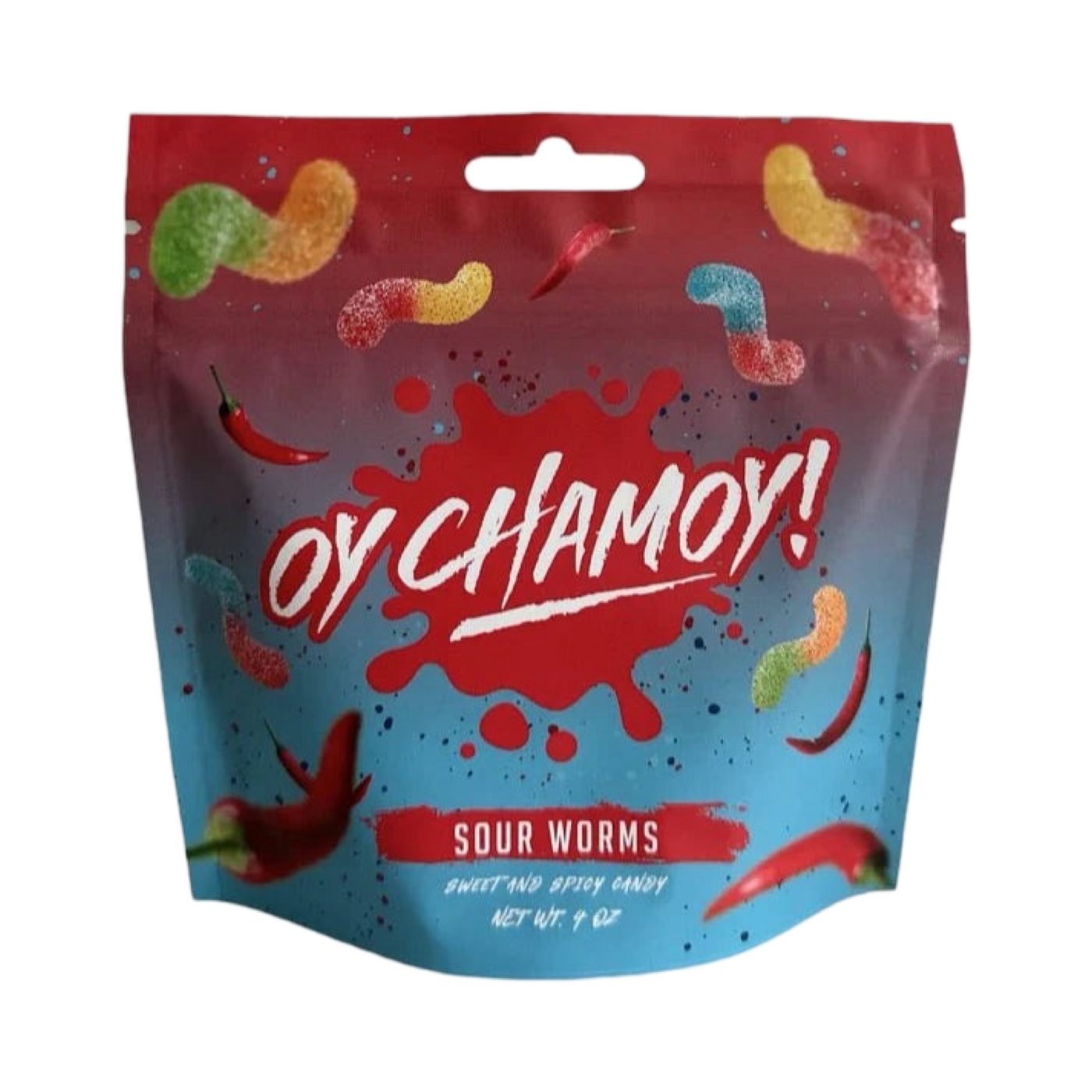 4 oz branded red/blue pouch of sour worms featuring images of chili peppers and worm shaped candy