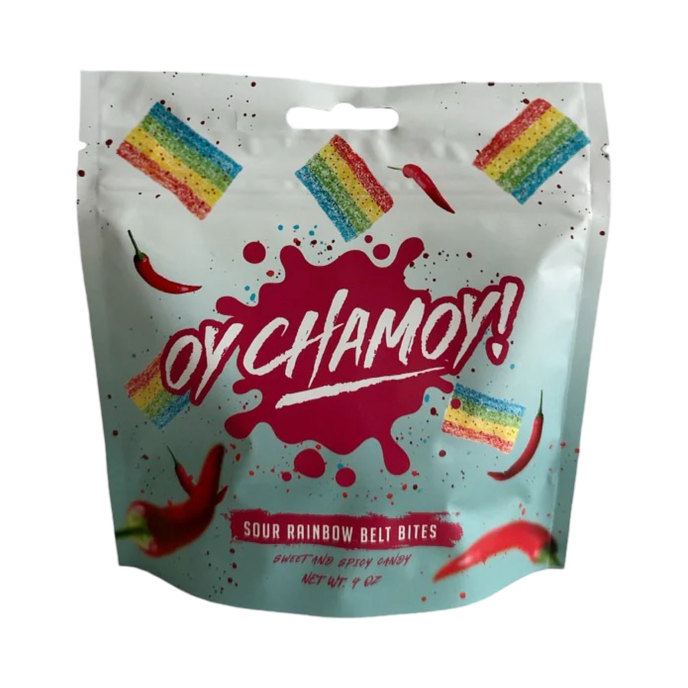 4 oz branded white/light blue pouch of sour rainbow belt bites featuring images of chili peppers and pieces of rainbow belt candy