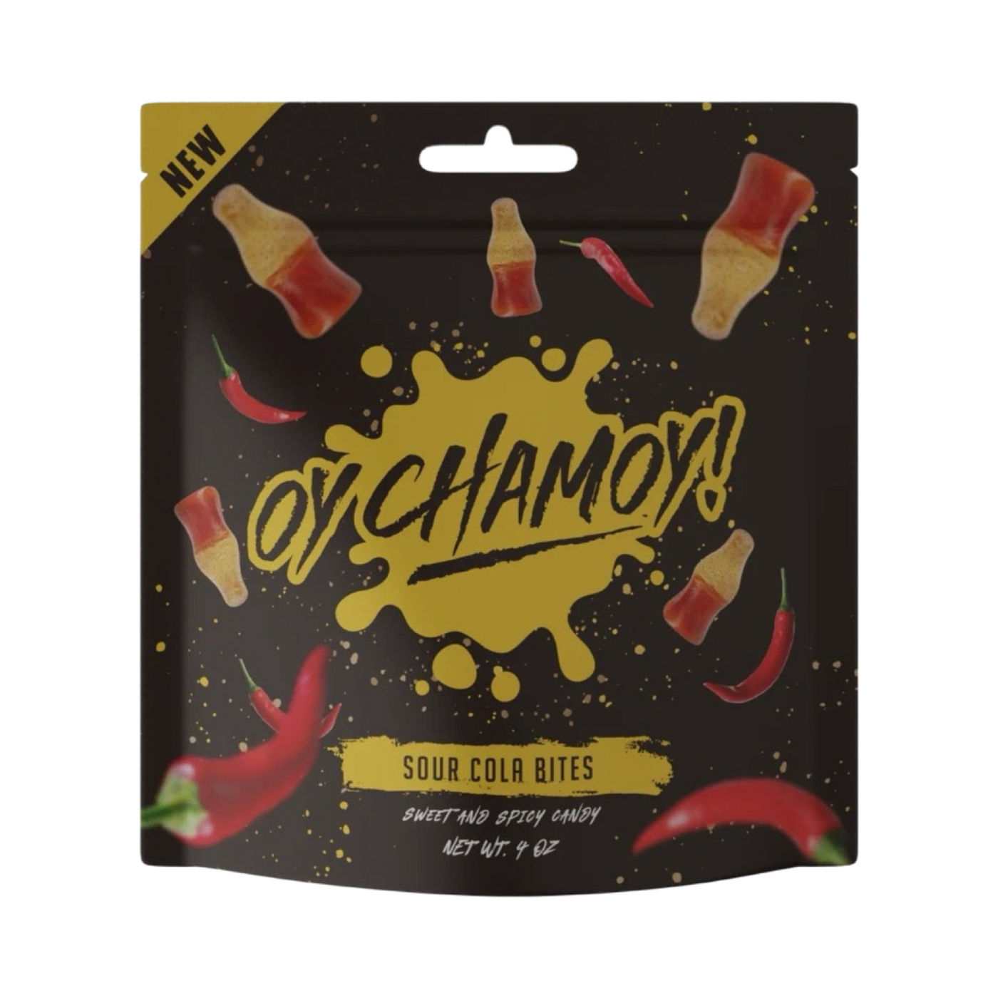 4 oz branded brown pouch of sour cola bites featuring images of chili peppers and cola bottles