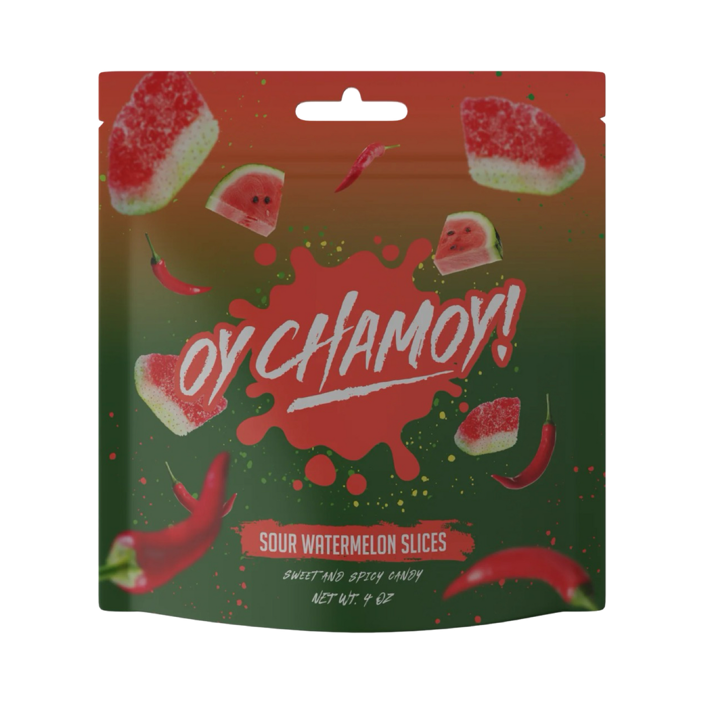 4 oz branded green and red pouch of sour watermelon slices featuring images of chili peppers and watermelon slices.