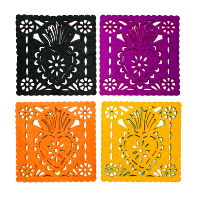 set of 4 multicolored felt papel picado inspired coasters that feature a sacred heart design