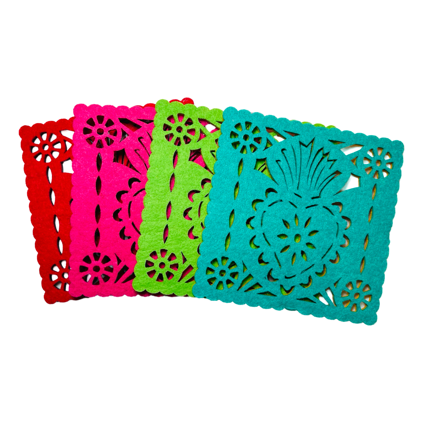 set of 4 multicolored felt papel picado inspired coasters that feature a sacred heart design