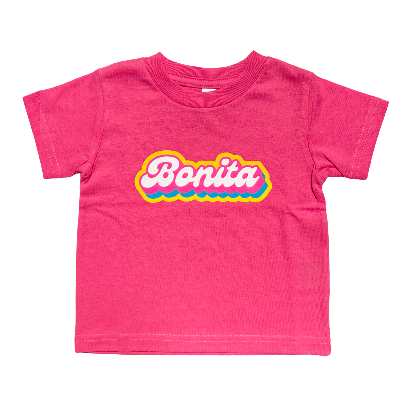 pink toddler shirt with the word Bonita in white lettering outlined in pink,yellow and blue.