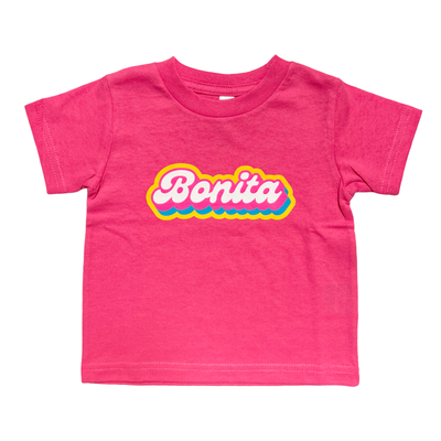 pink toddler shirt with the word Bonita in white lettering outlined in pink,yellow and blue.