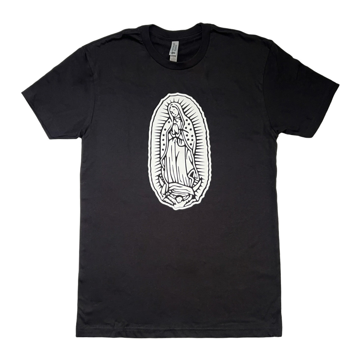 black short sleeve shirt with an image of the Virgin Mary in white