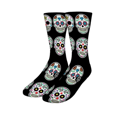 pair of black socks with images of various multi-colored sugar skulls