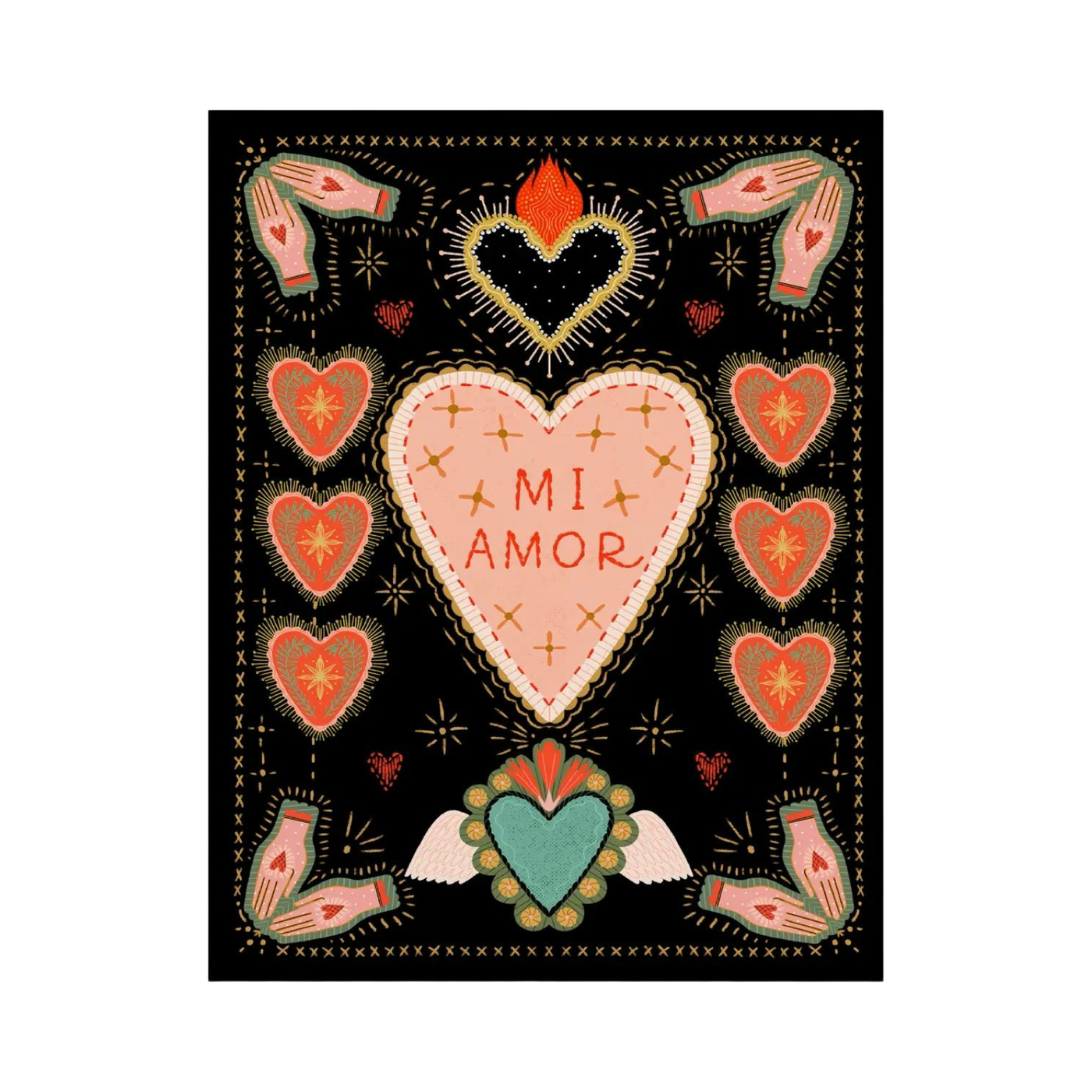 Black card with illustrations of pink and red hearts, pink hand milagro charms, teal heart and the phrase Mi Amor in red letters