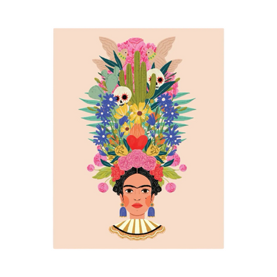 Blush card with an illustration of Frida and a crown of flowers, skulls, birds and foliage