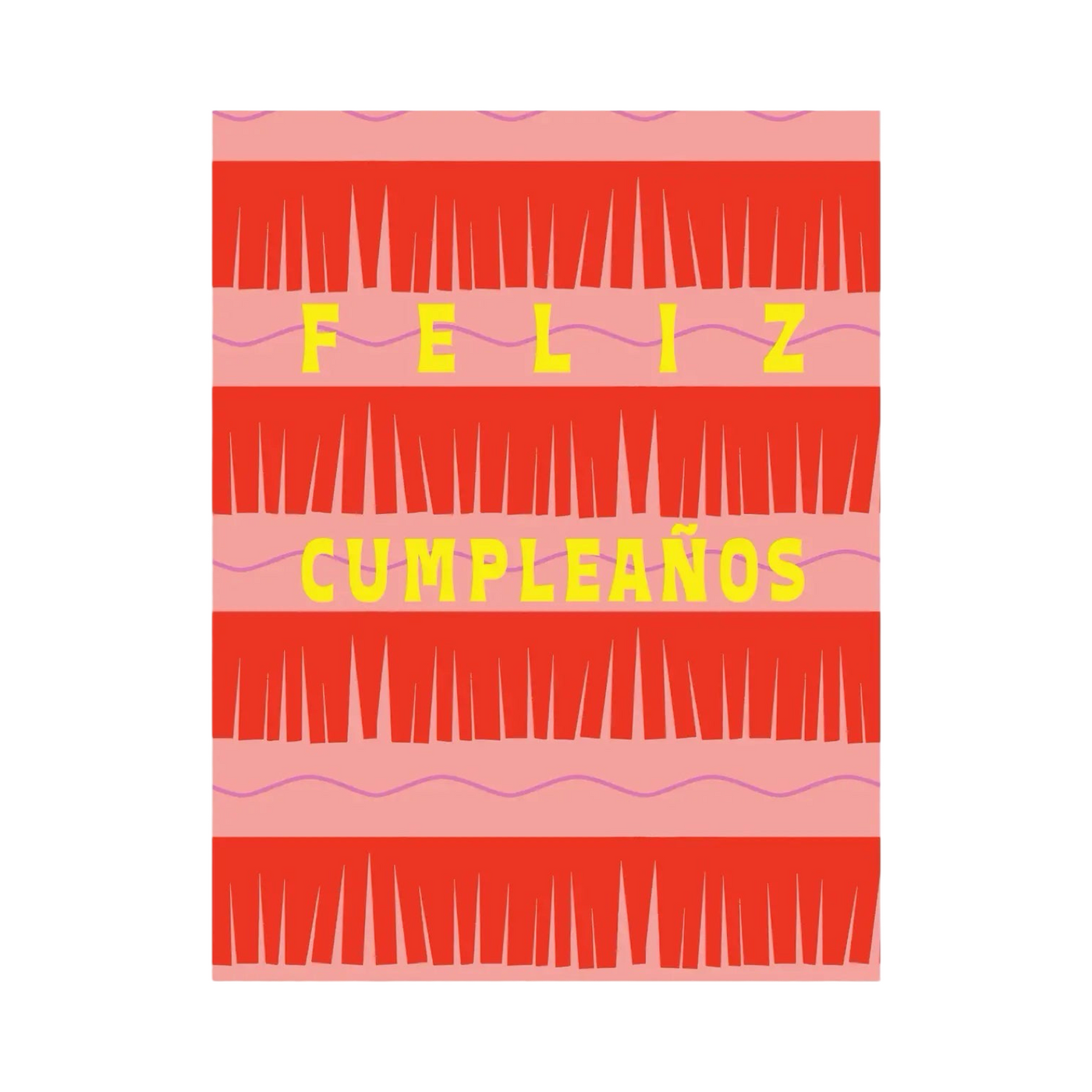 Pink card with a red piñata fringe design featuring the phrase Feliz Cumpleaños in gold lettering