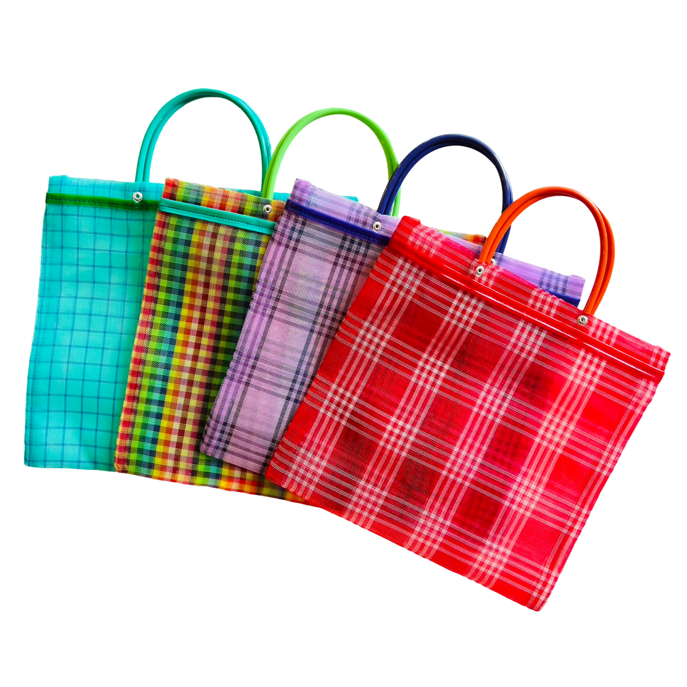 set of 4 multi-colored Mexican mesh mercado bags.