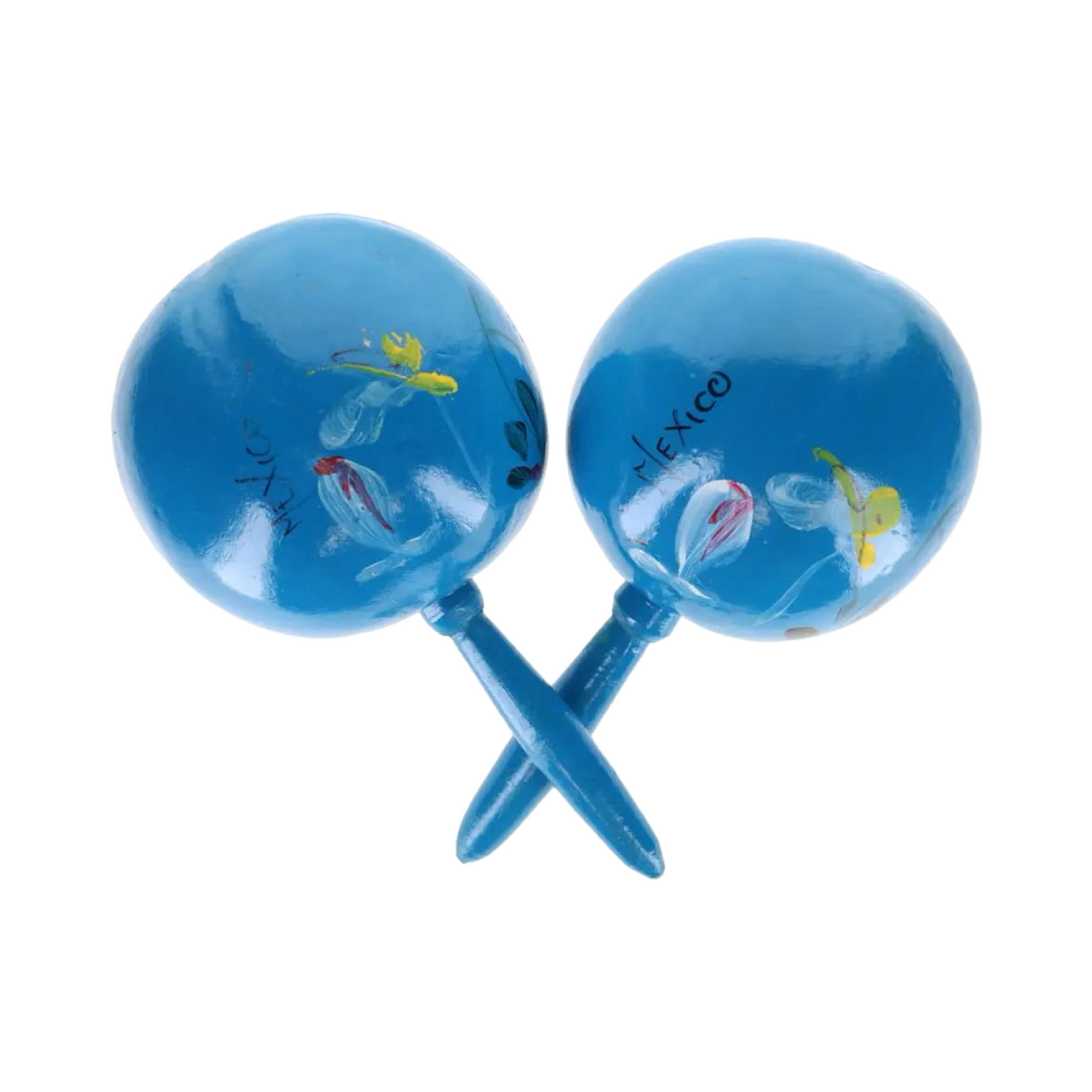 set of 2 blue maracas with hand-painted floral designs