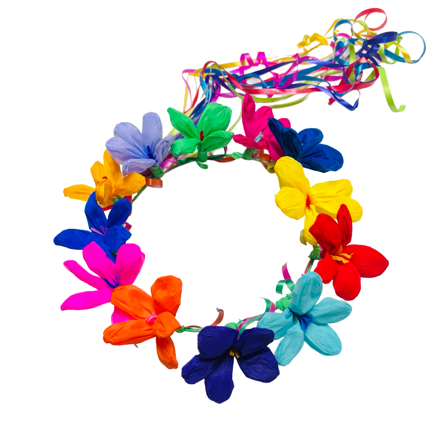 Multi-colored paper tissue flower crown with colorful ribbon