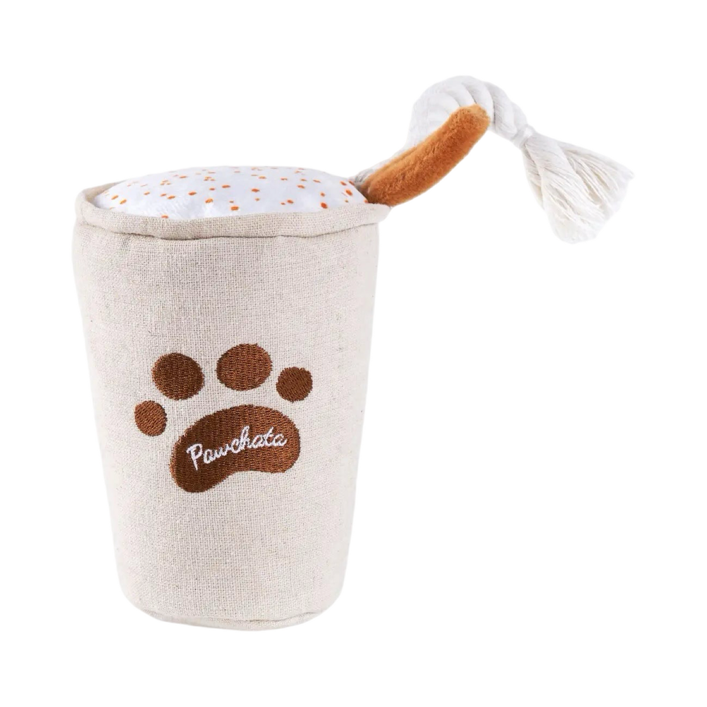 beige cup and straw shaped dog toy with a brown paw print featuring the word Pawchata