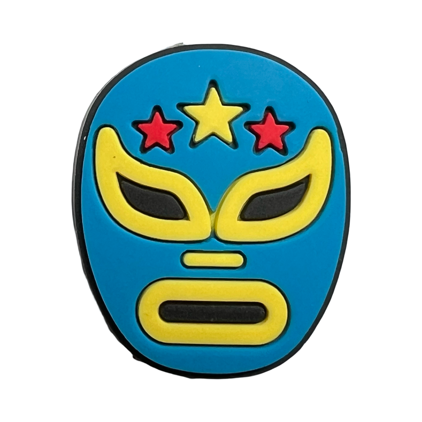 Blue luchador mask with yellow outlines and three stars, red and yellow, on the forehead area.