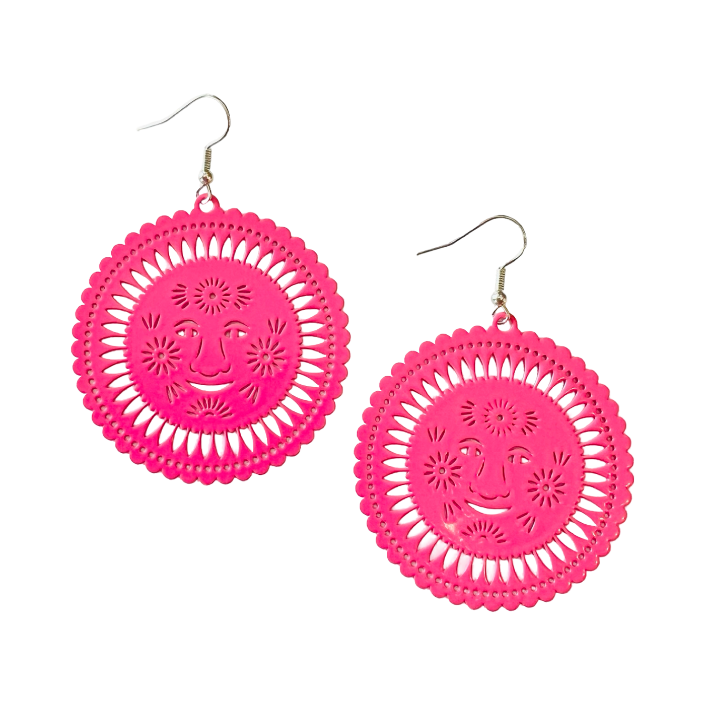 light pink papel picado inspired earrings in the shape of a sun with a smiley face.