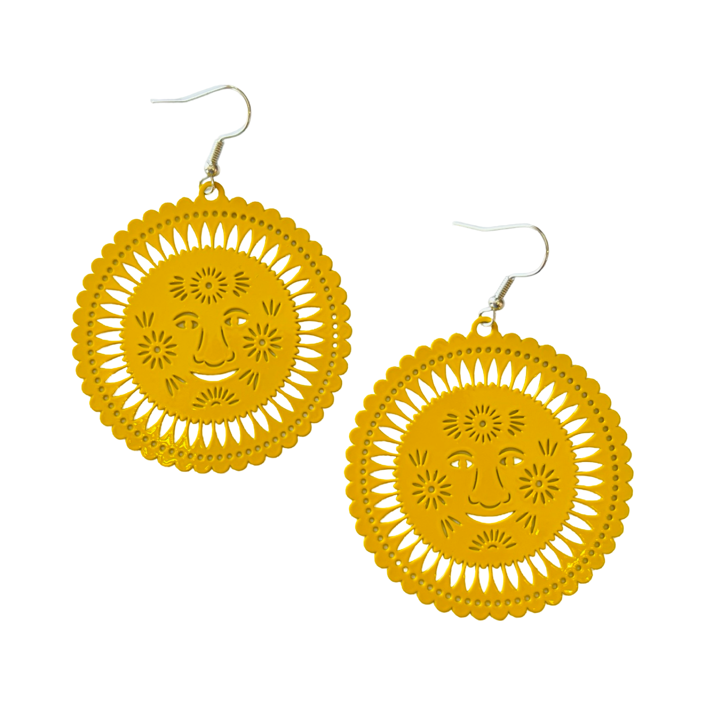 mustard papel picado inspired earrings in the shape of a sun with a smiley face.