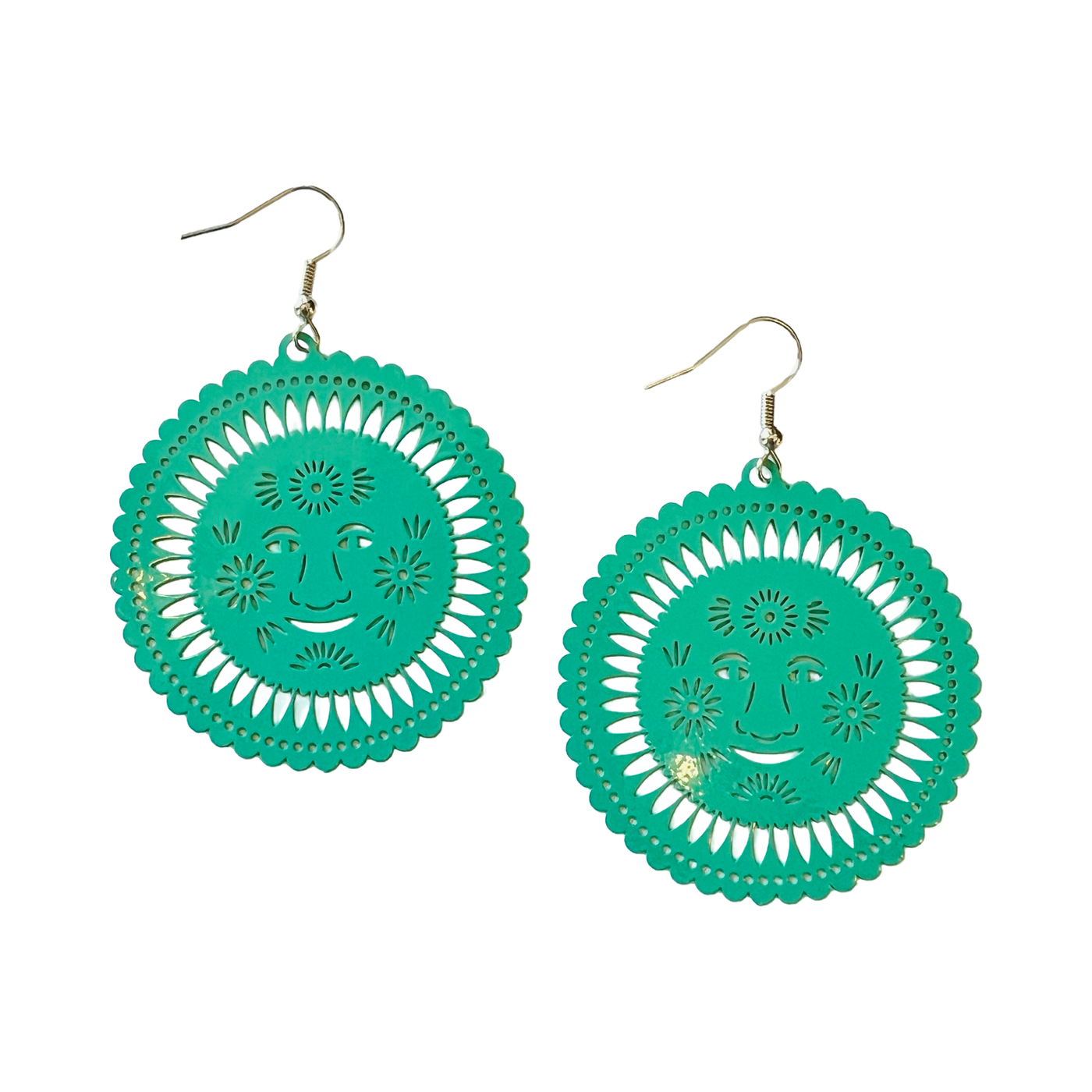 teal papel picado inspired earrings in the shape of a sun with a smiley face.