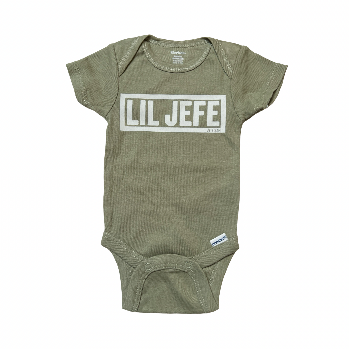 sage onesie with the phrase Lil Jefe in white lettering