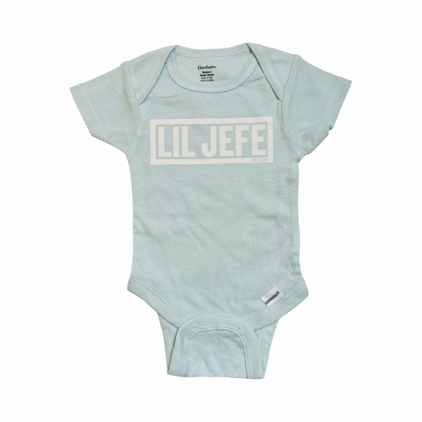 light blue onesie with the phrase Lil Jefe in white lettering