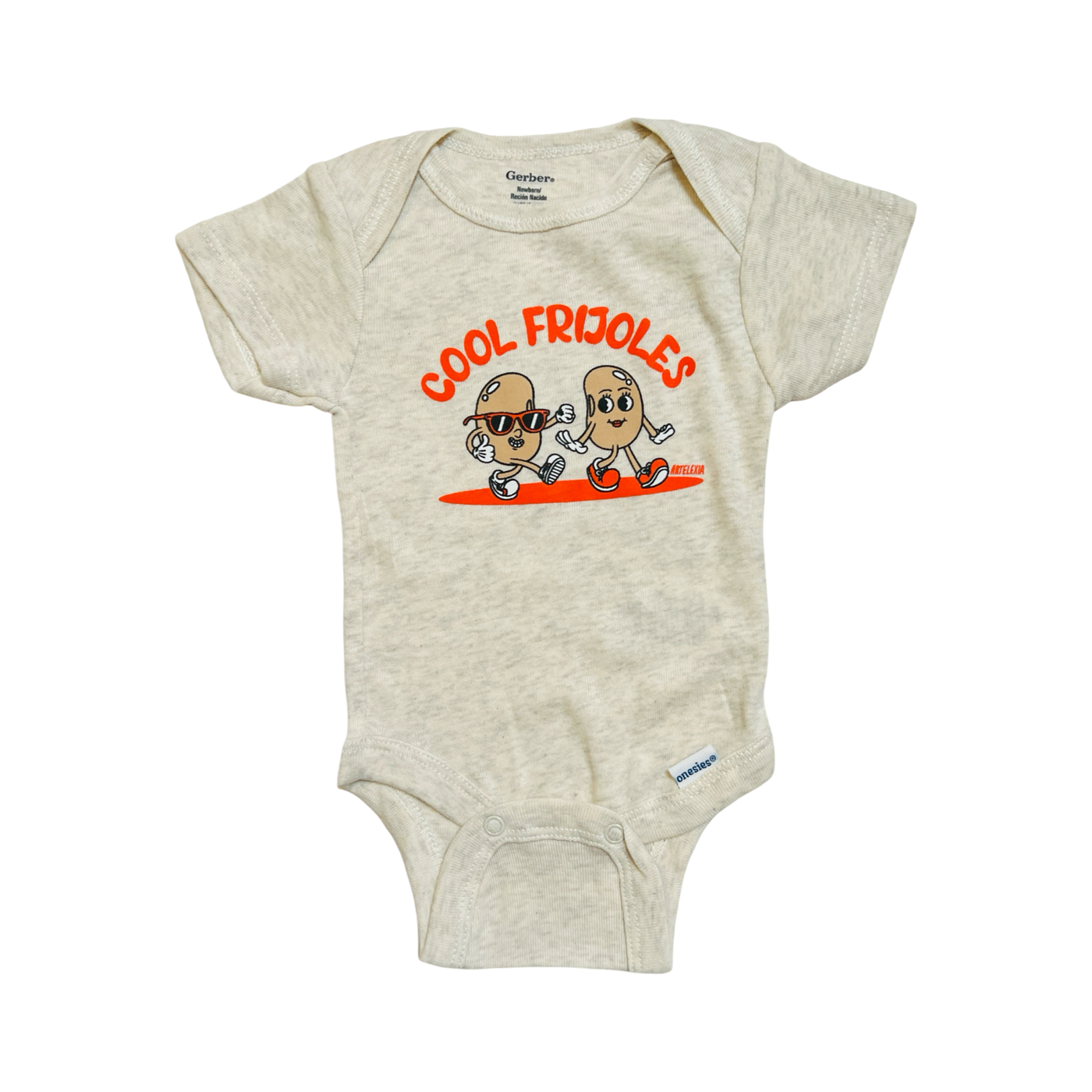 speckled grey onesie with an illustration of two animated beans with the phrase Cool Frijoles in orange lettering.