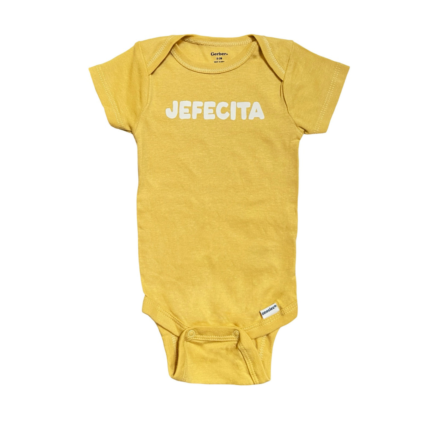 mustard onesie with the phrase Jefecita in white lettering