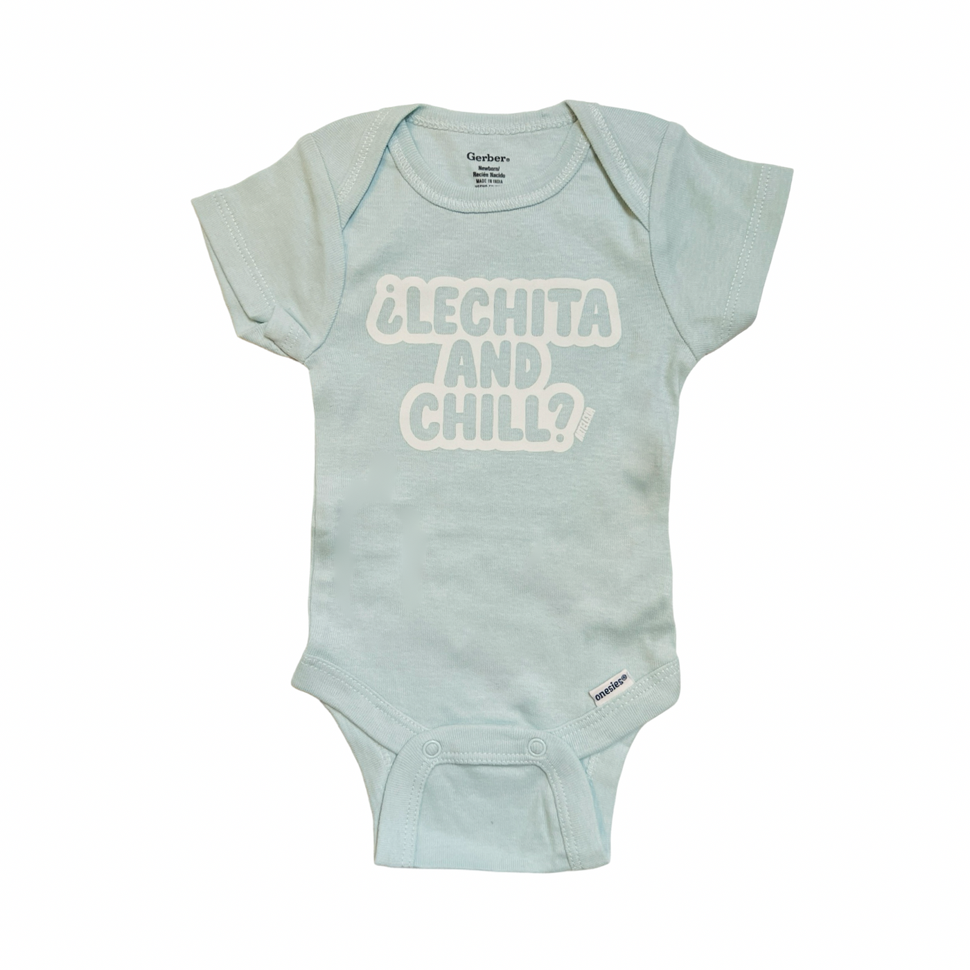 light blue onesie with the phrase Lechita and chill in white lettering