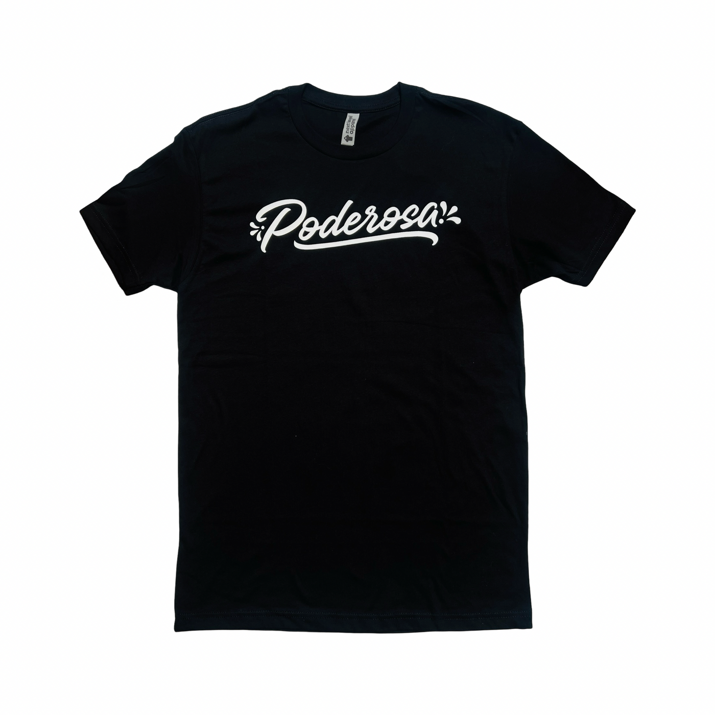 black shirt with the word Poderosa in white lettering