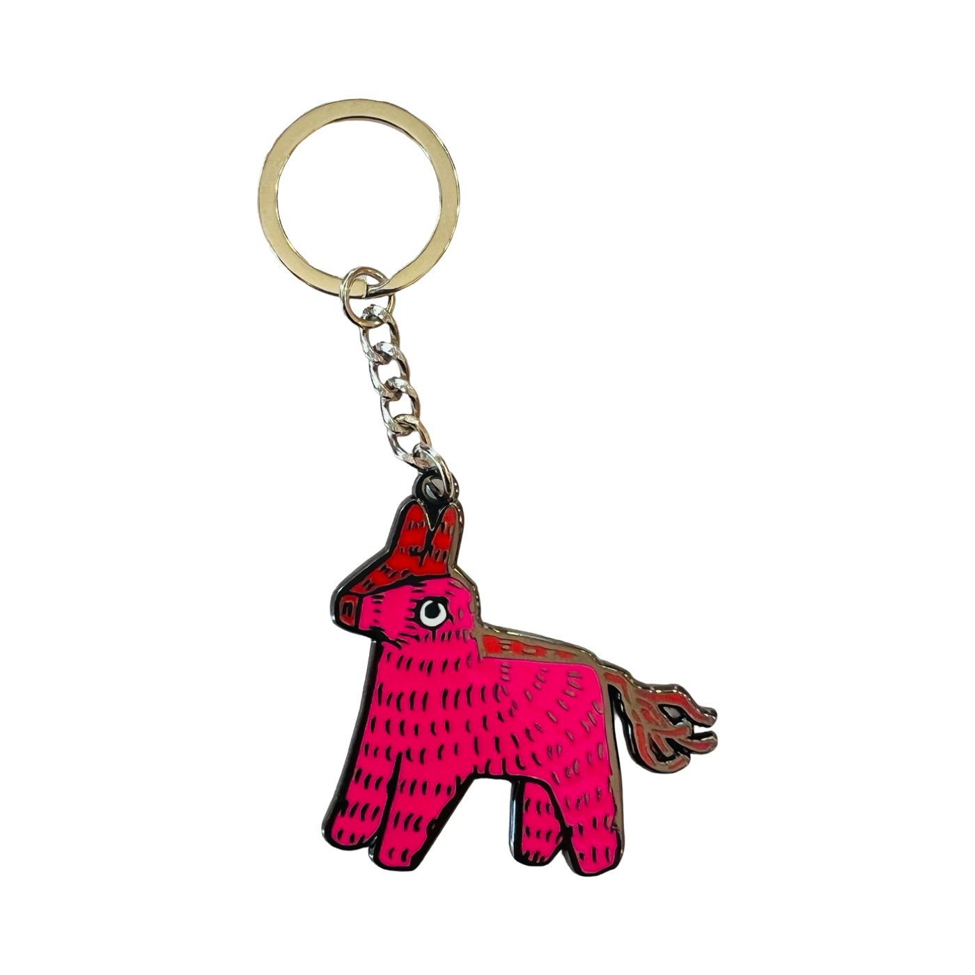 pink donkey shaped Piñata enamel keychain with a metal ring