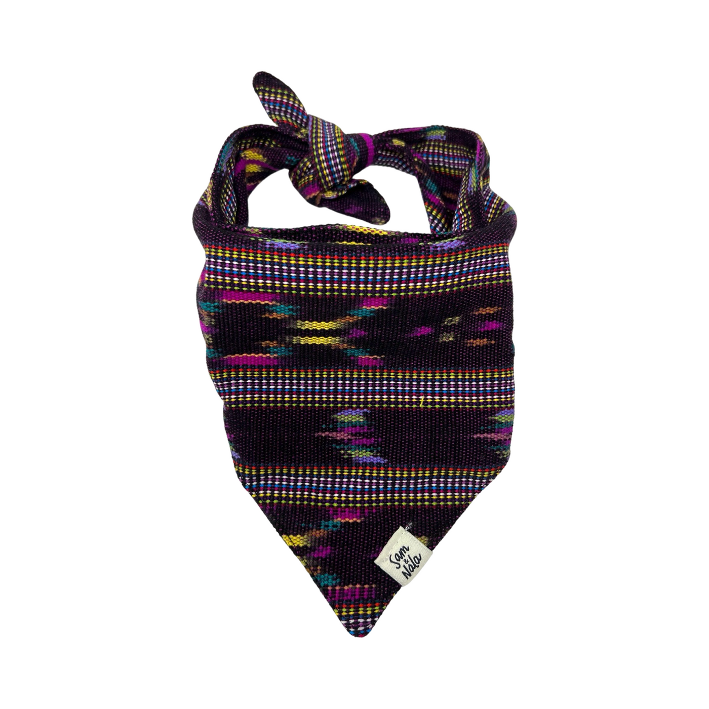 black dog bandana with stripes of purple, yellow and pink.