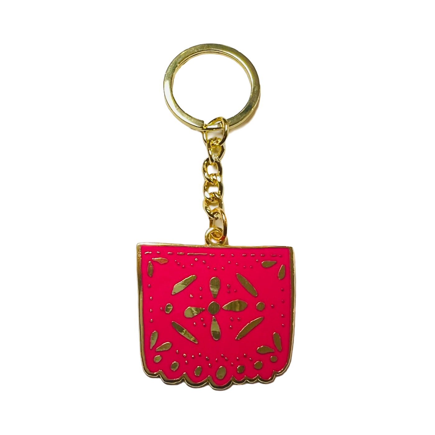 square enamel pink papel picado keychain with a gold ring