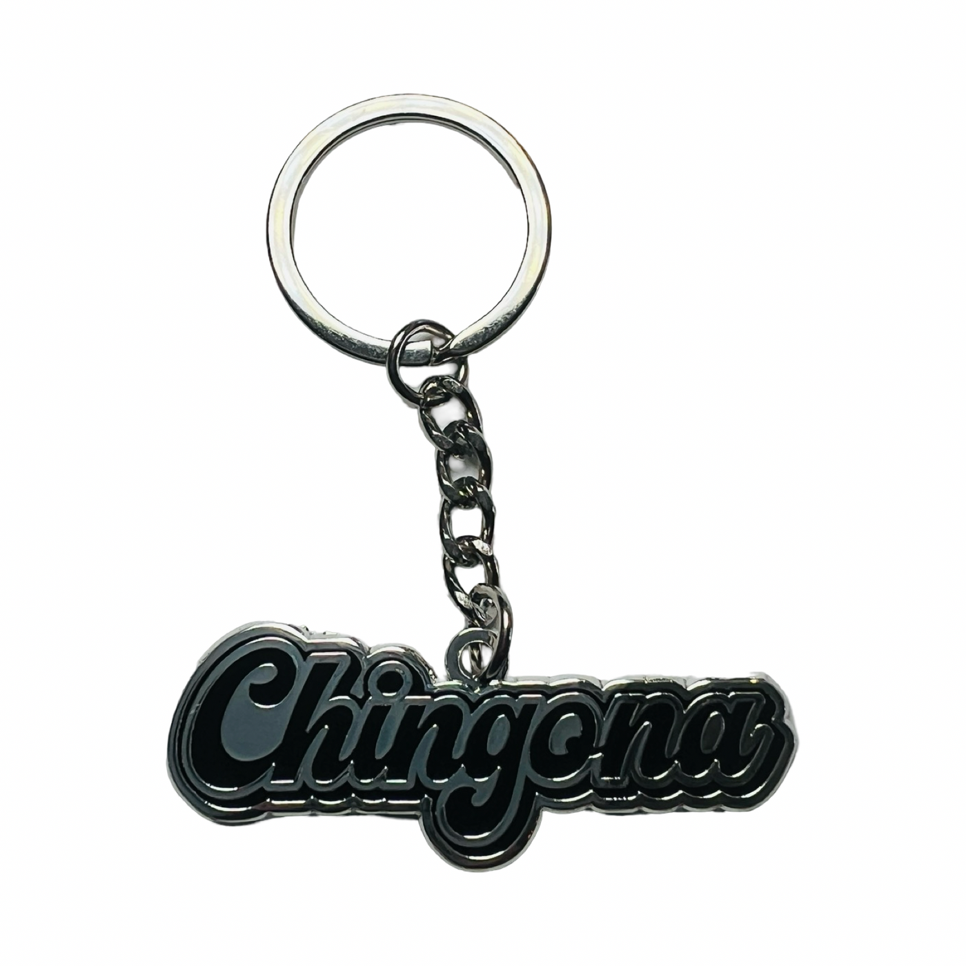 silver keychain with the word Chingona with black lettering