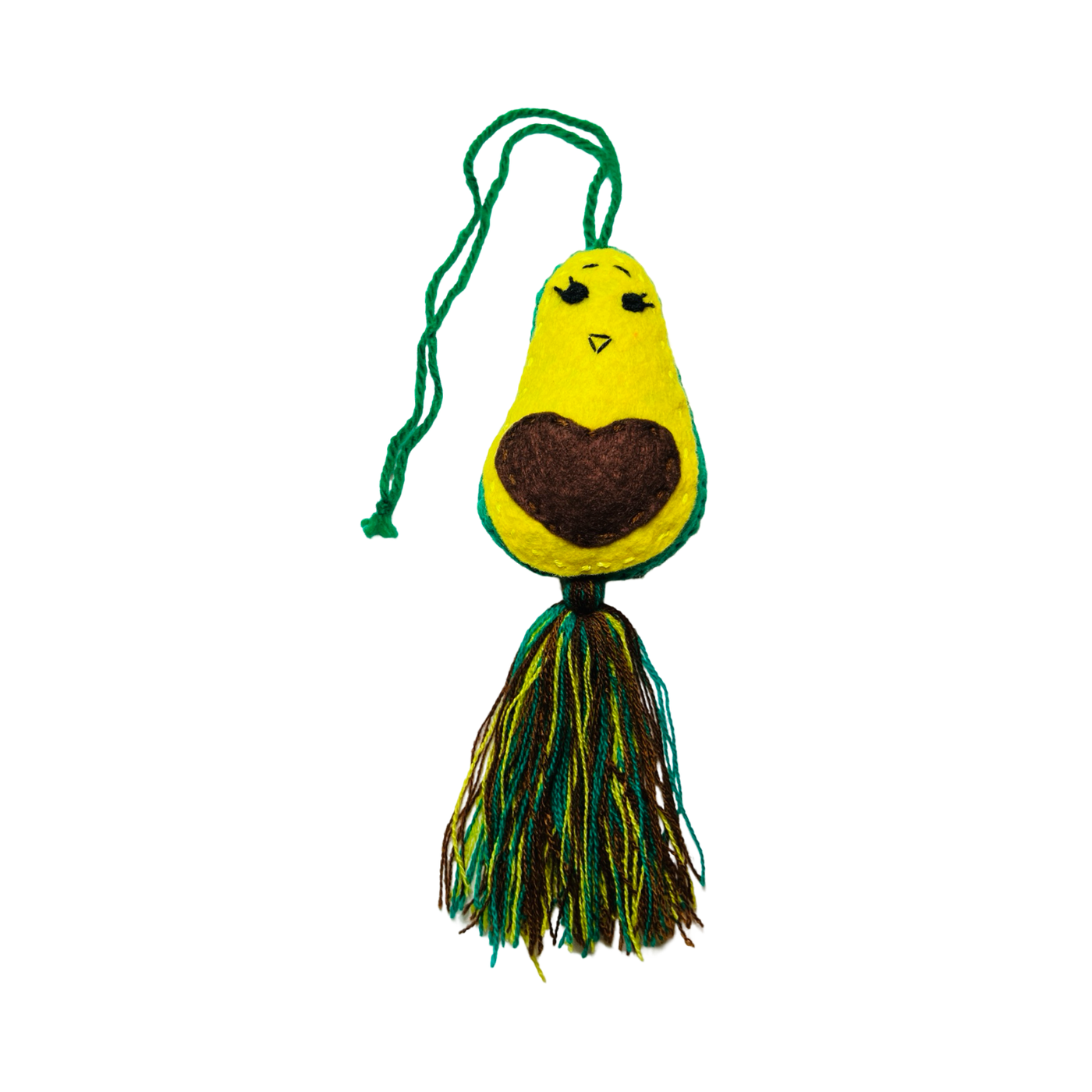 green felt avocado ornament with a green and brown tassel