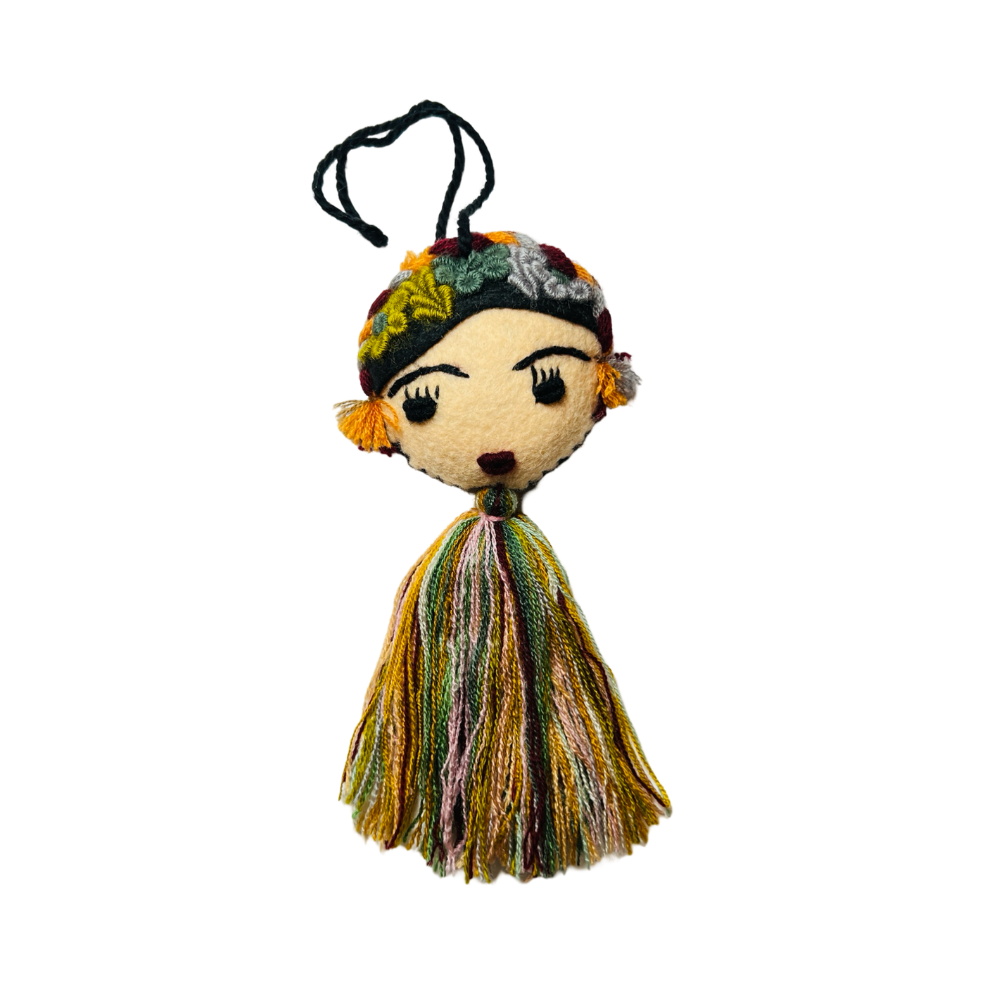 Multicolored felt Frida Kahlo ornament with a multi-colored tassel