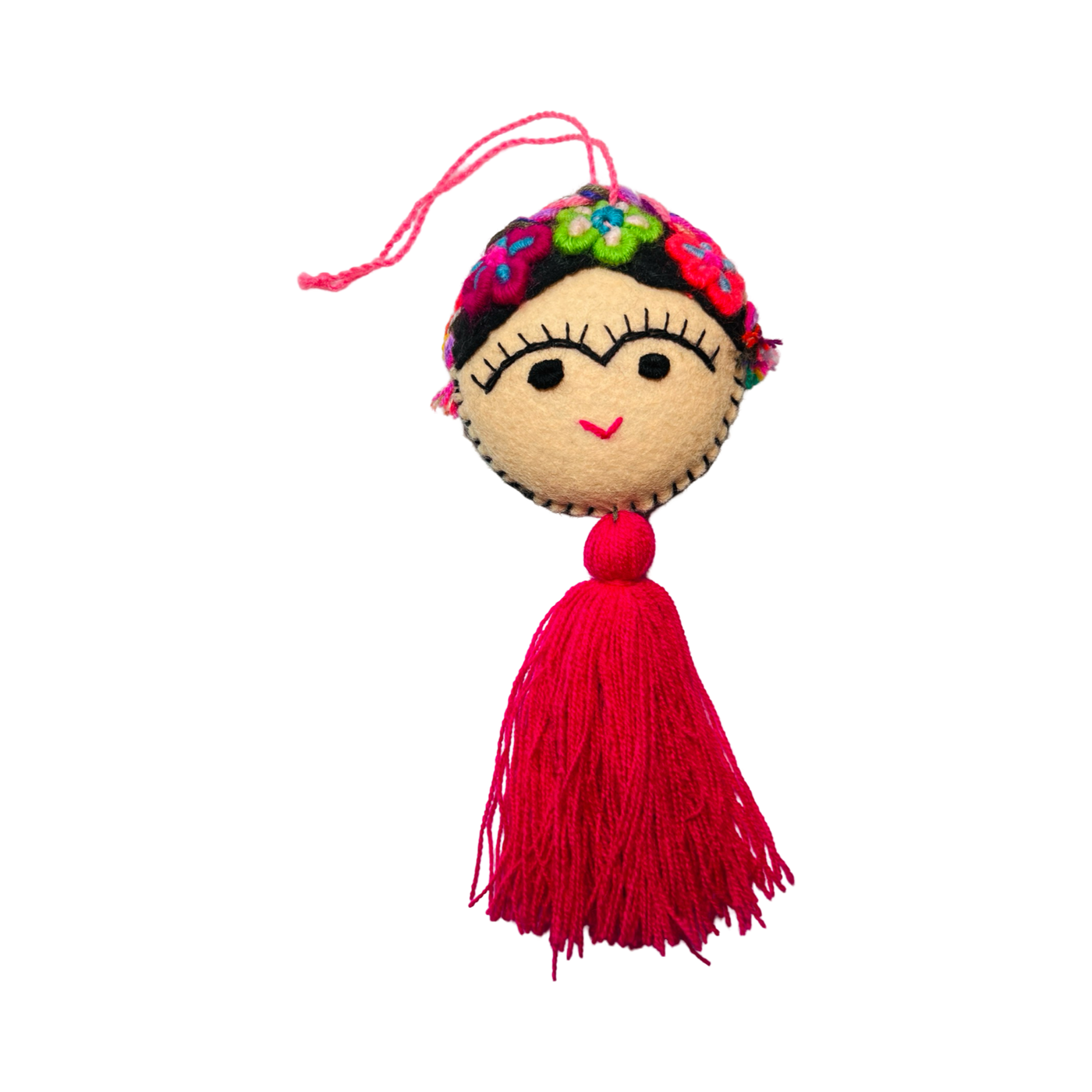 Multicolored felt Frida Kahlo ornament with a pink tassel