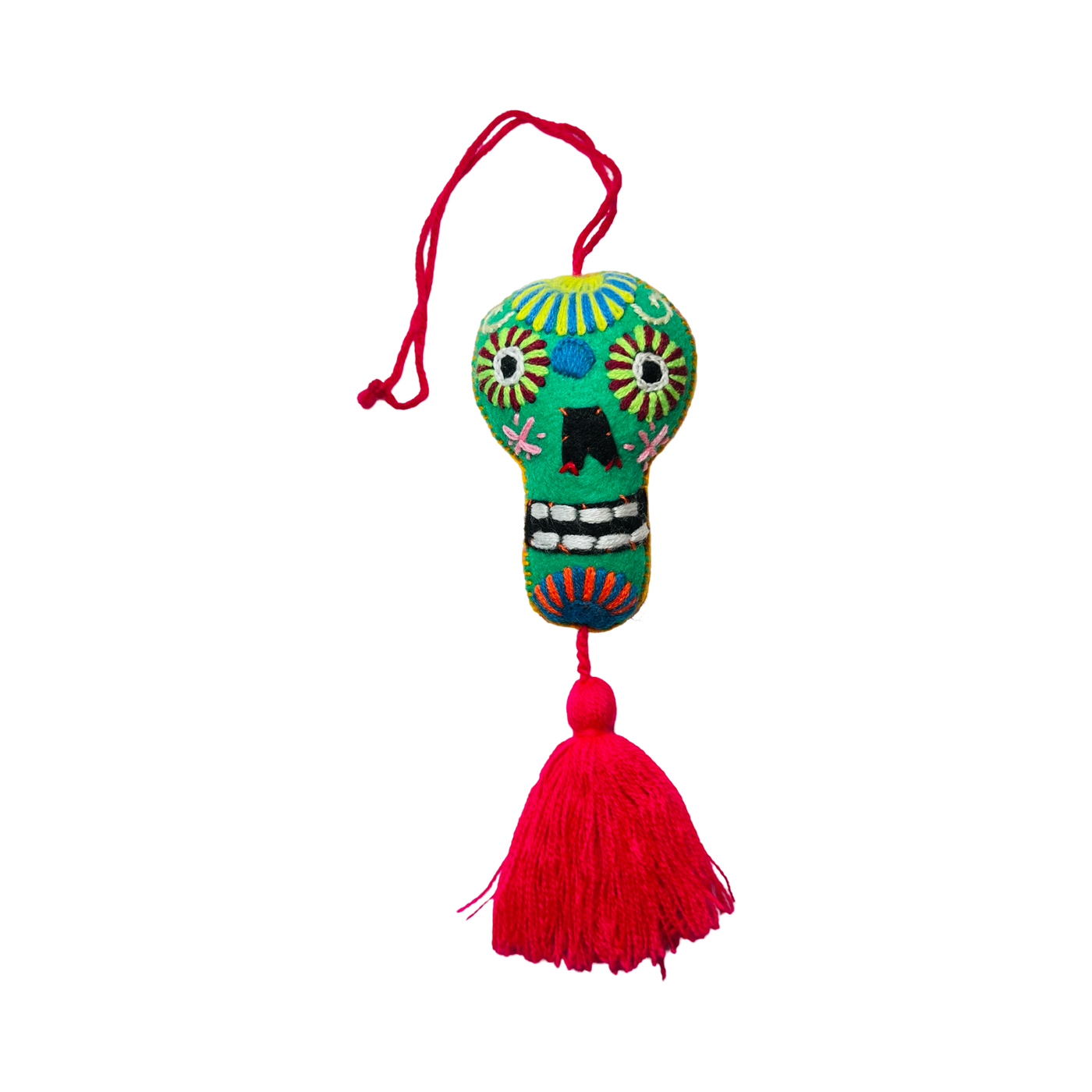 Green sugar skull felt ornament with a red tassel