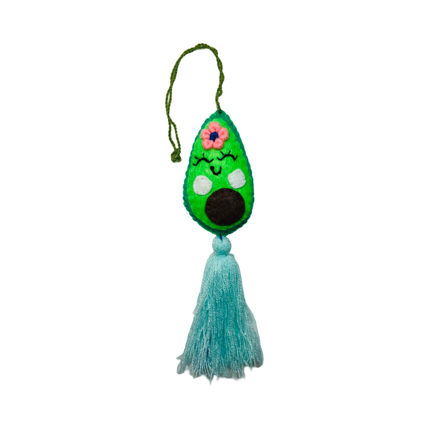 green felt avocado ornament with a light blue tassel