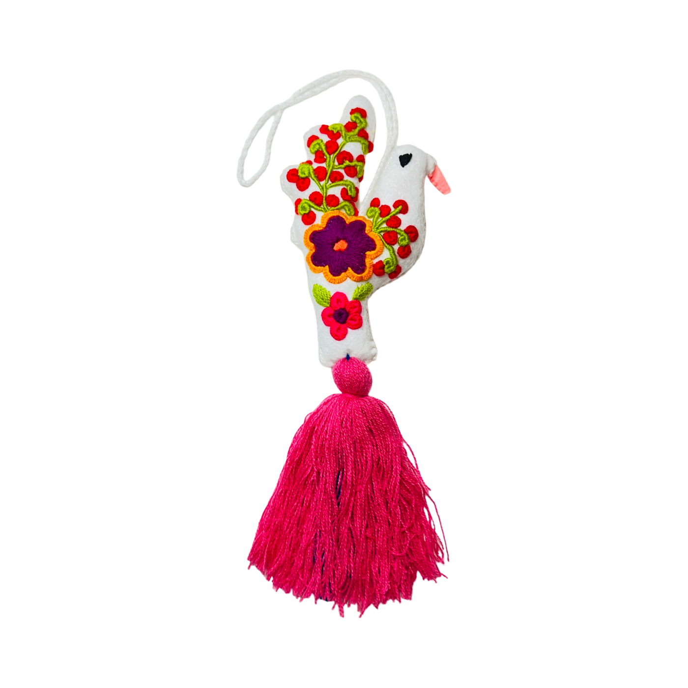 white felt dove with a multi-colred embroidered floral design and a pink tassel