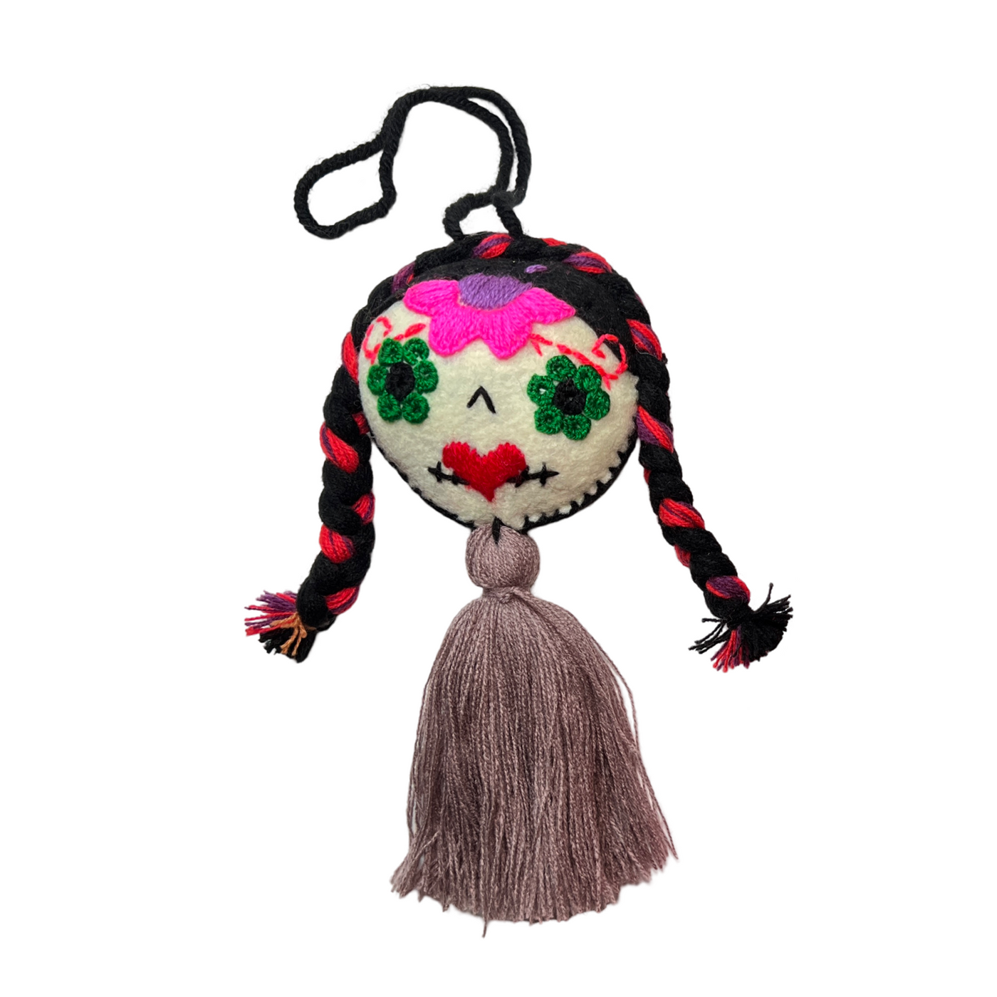 felt calavera ornament with a gray tassel and red with black braids