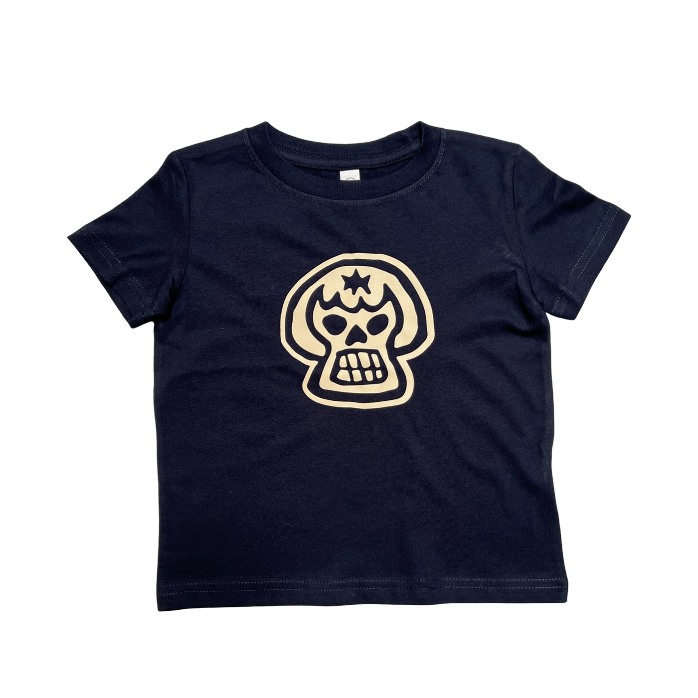 Navy blue shirt with an image of a luchador inspired sugar skull in a cream color.