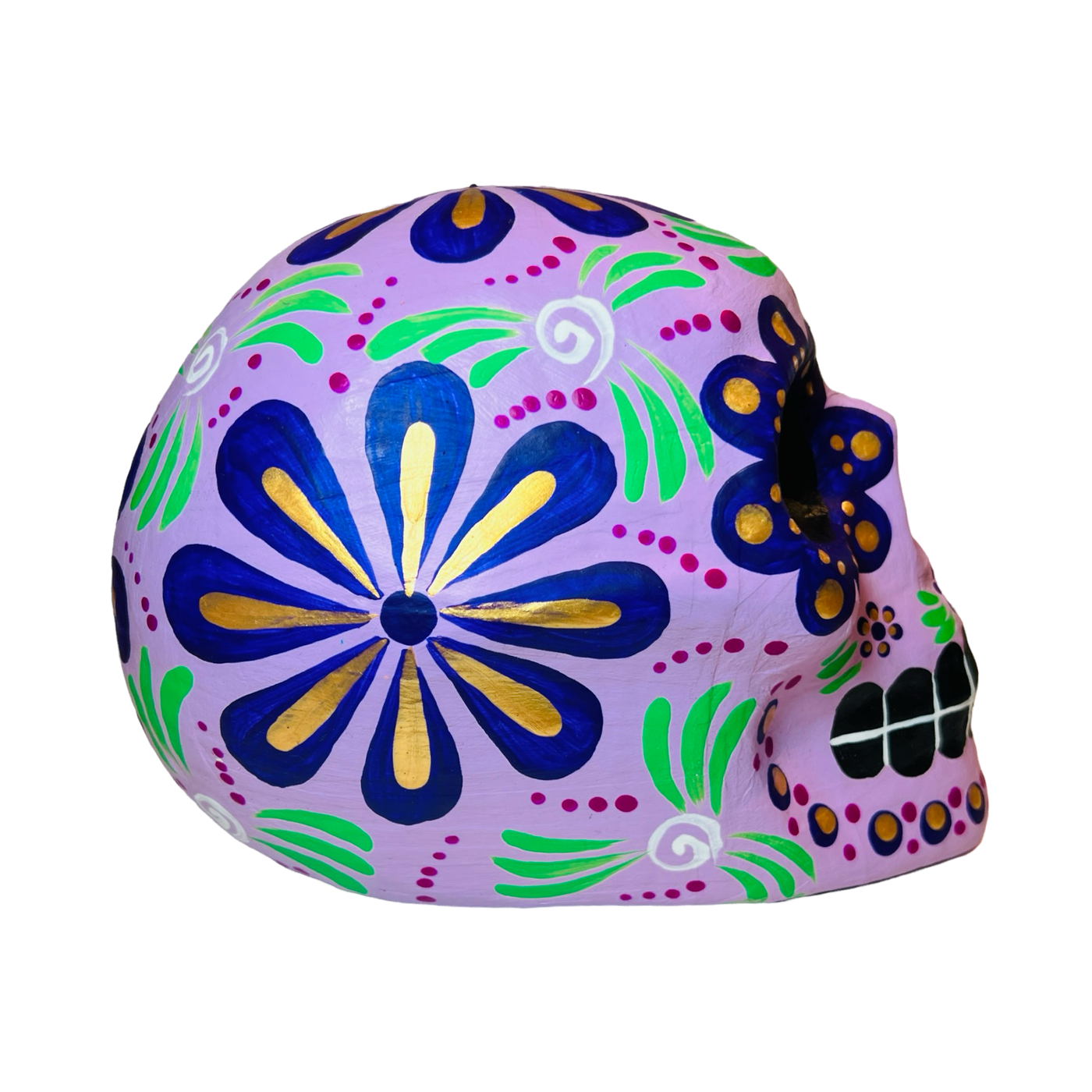 side view of a purple sugar skull with a multi-colored design