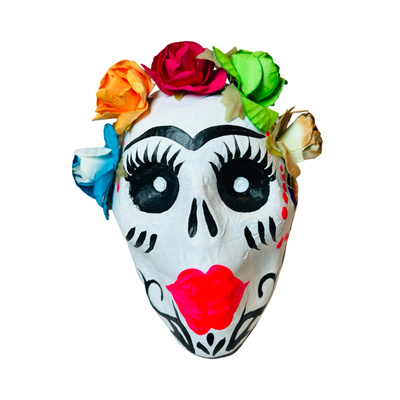 front view of a colorful paper mache frida sugar skull in multiple colors featuring a flower crown.