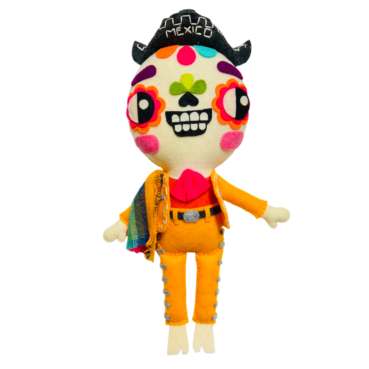 felt mariachi calavera doll featuring a yellow mariachi outfit