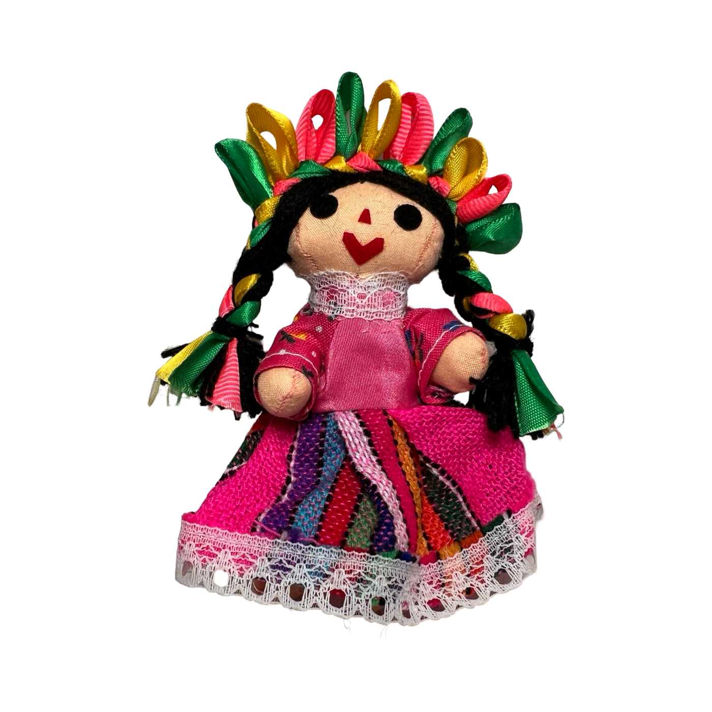 colorful maria doll with pink, yellow and green ribbon in her hair.