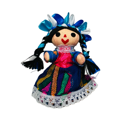 colorful Maria doll with blue, white and light blue ribbon in her hair